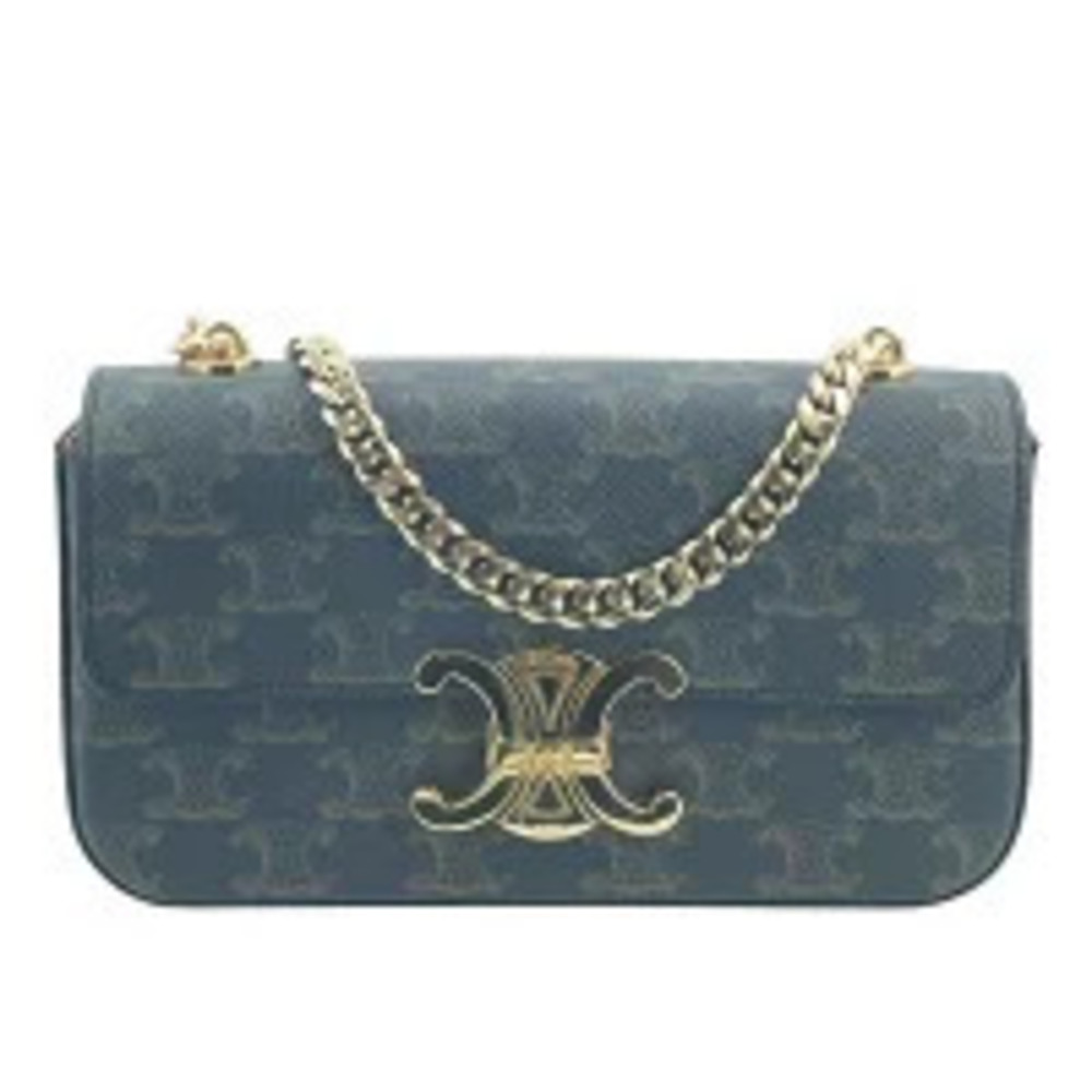 Celine Triomphe Chain Shoulder Bag Claude Tan Calf Leather Canvas Hobo